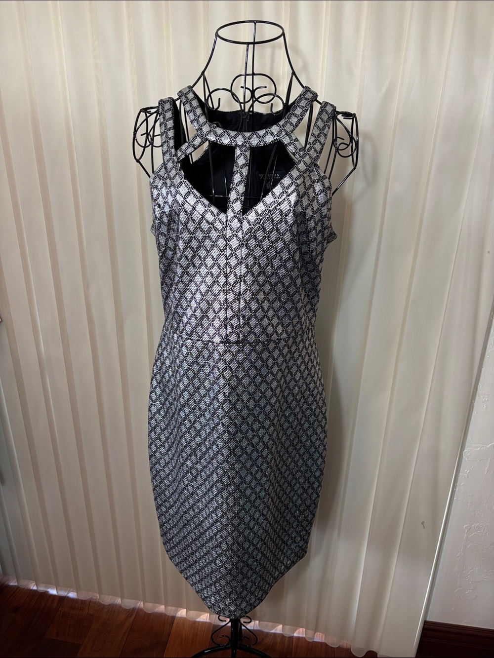 Guess Black and White Strappy Geometric Midi Dress
